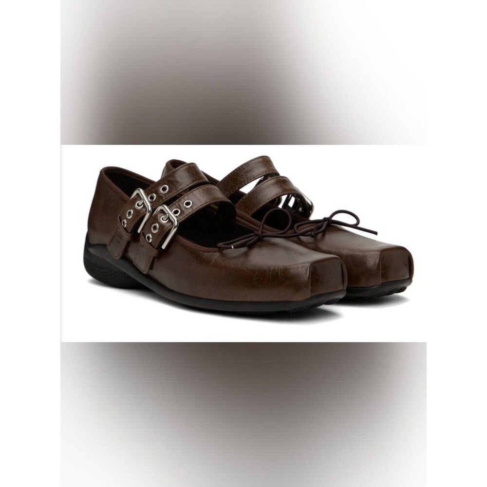 OPEN YY Brown Buckle Ballerina Leather Square Toe Flats Shoes 37 US 7 Mary Jane